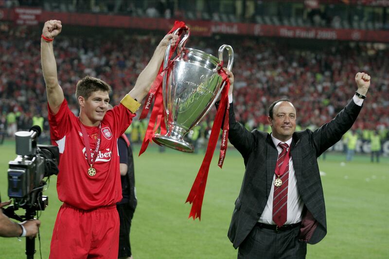 Liverpool's Steven Gerrard and Rafa Benitez lift the European Cup Trophy after winning the Champions League Final match against AC Milan at Ataturk Stadium on May 25th, 2005, in Istanbul, Turkey. Photograph: Richard Sellers/Sportsphoto/Allstar via Getty Images