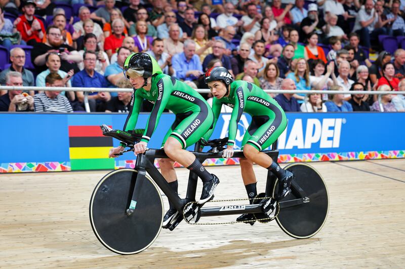 Katie-George Dunlevy and Eve McCrystal in action in the 1km time trial finals during August’s UCI Cycling World Championships in Glasgow. Photograph: Will Palmer/INPHO/SWpix