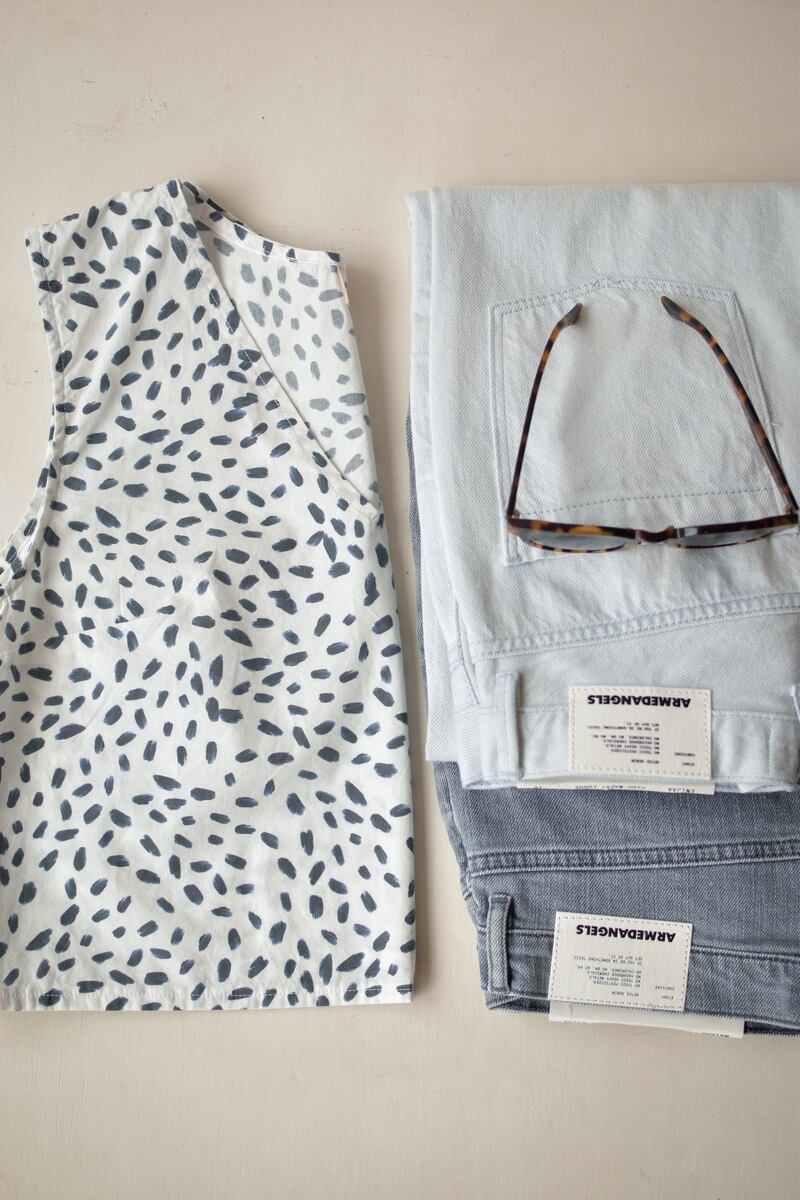 Anna Dot top by Made Obvious €95, organic cotton jeans €125, sunglasses, €95