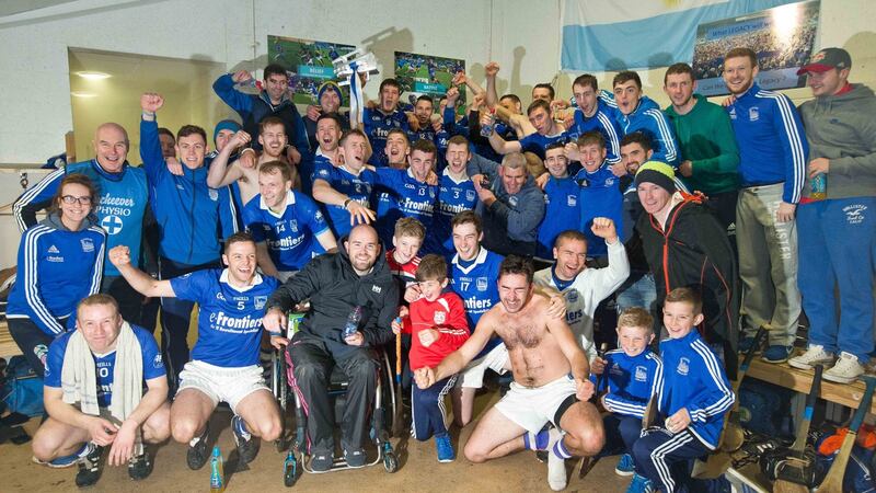 Thurles Sarsfields celebrate after victory over Nenagh Éire Óg at Semple Stadium in the Tipperary SHC Final. Photograph:   Morgan Treacy/Inpho