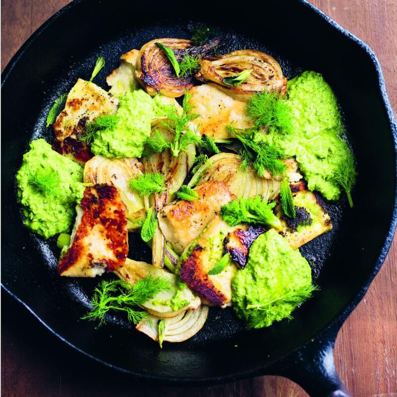Nigel Slater’s fennel, peas, halloumi. Photograph: Jonathan Lovekin
