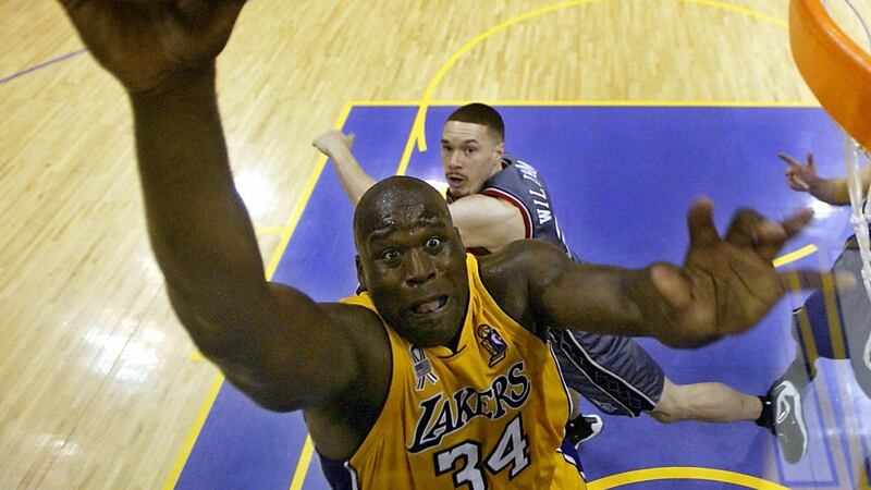 Shaquille O’Neal  of the Los Angeles Lakers shoots over Jason Williams of the New Jersey Nets during game two of the NBA Finals at the Staples Center in Los Angeles in 2002. Photograph: Adrees Latif/AFP via Getty Images