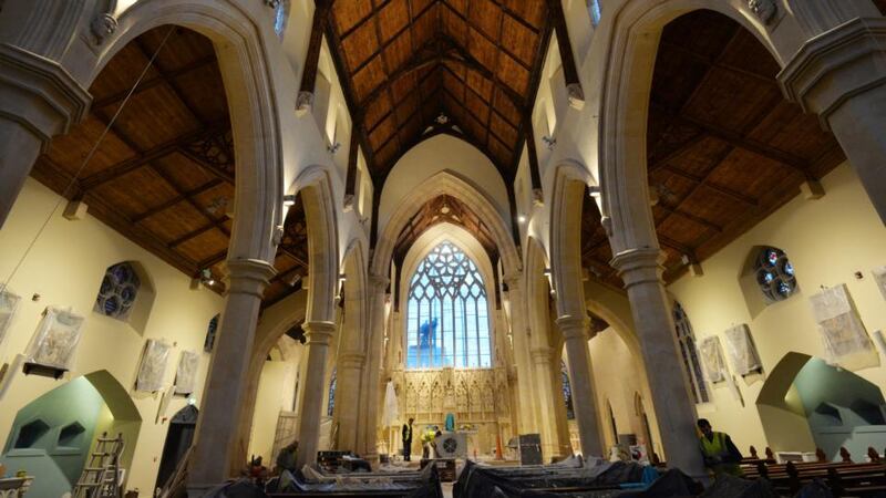 An altar of French limestone was discovered after the fire at St Catherine’s Church on Meath Street, Dublin.  Photograph: Alan Betson