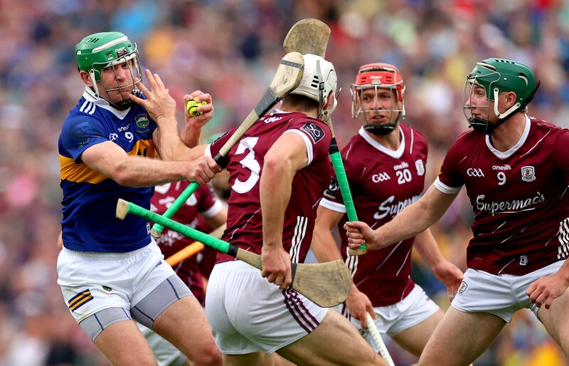Tipperary’s Noel McGrath is closed down by Galway defenders during their All-Ireland SHC quarter-final on Saturday. Photograph: James Crombie/Inpho