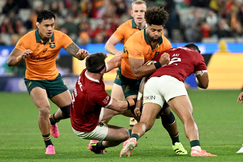 Bundee Aki is tackled by Australia's Rob Valetini during the second Test at the MCG in Melbourne. Photograph: William West/AFP via Getty Images  