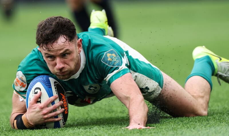 Hugo Keenan scores a try against Italy that was later disallowed in Rome in January. Photograph: Billy Stickland/Inpho
