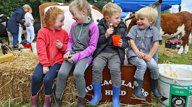 Alicia McAloon, Rebecca Windrum, Josh McAloon and Jack Windrum stop for a chat and a bite to eat as they enjoy the 77th annual Virginia Agricultural Show in Virginia, Co Cavan on Wednesday afternoon. Photograph: Lorraine Teevan