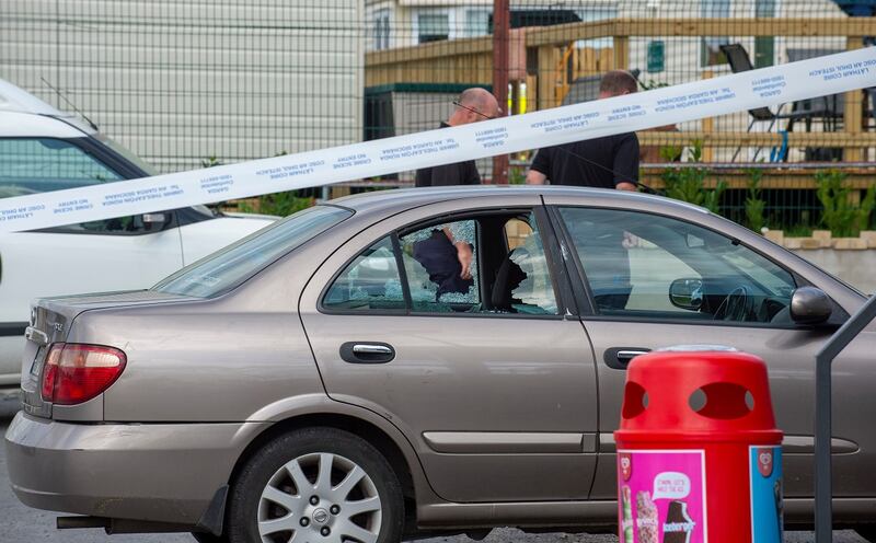 A car with a broken window pictured at the scene of a fatal shooting at Aisling Caravan Park in Clogherhead. Photograph: Ciara Wilkinson