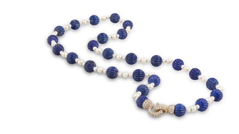 Cartier necklace of lapis lazuli, cultured pearls and diamonds,   €25,000-€35,000