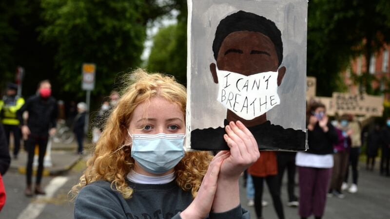 Honor Nolan, at the Black Lives Matter protest outside the US Embassy, in Ballsbridge, Dublin. Photograph: Dara Mac Dónaill