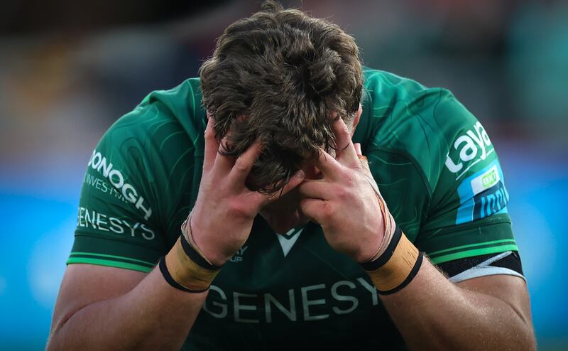 Connacht’s Cian Prendergast at the final whistle following the defeat by Munster at Thomond Park. Photograph: James Crombie/Inpho