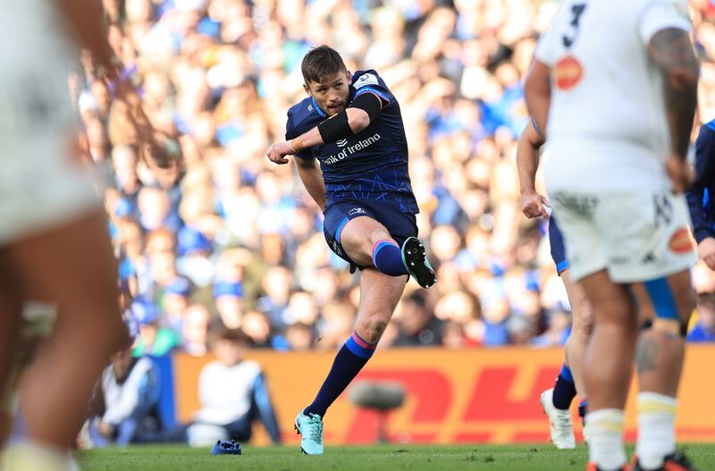 Ross Byrne kicks against La Rochelle. Photograph: Billy Stickland/Inpho