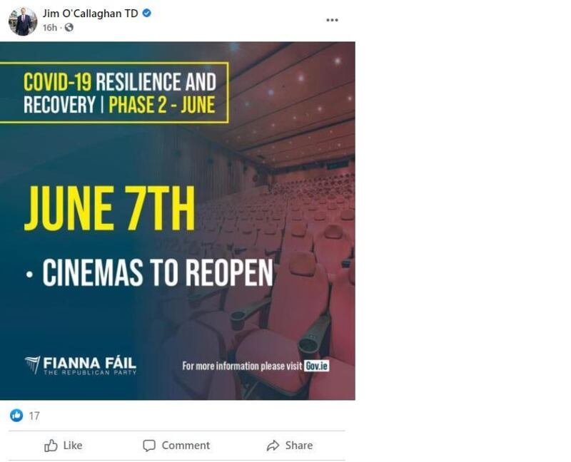 One of the social media posts outlining a June 7th reopening date for cinemas, by TD Jim O’Callaghan