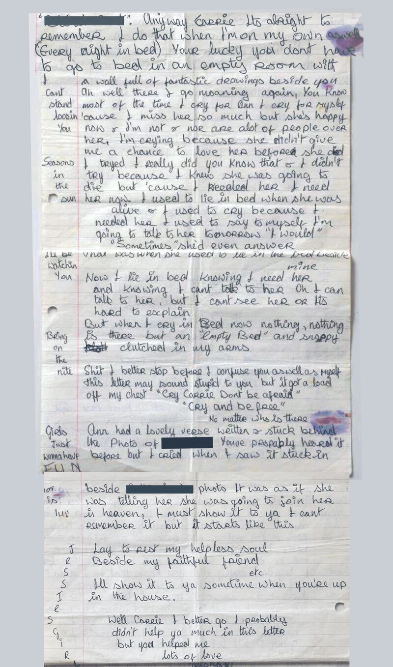 Extract from a letter from Trisha Lovett to Carrie Lee, Belinda's sister, written after the death of Ann Lovett
