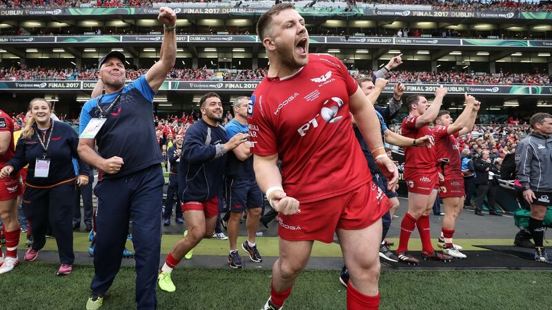 Wayne Pivac and Rob Evans celebrate the Scarlets’ 2017 Pro12 final win over Munster. Photograph: Billy Stickland/Inpho