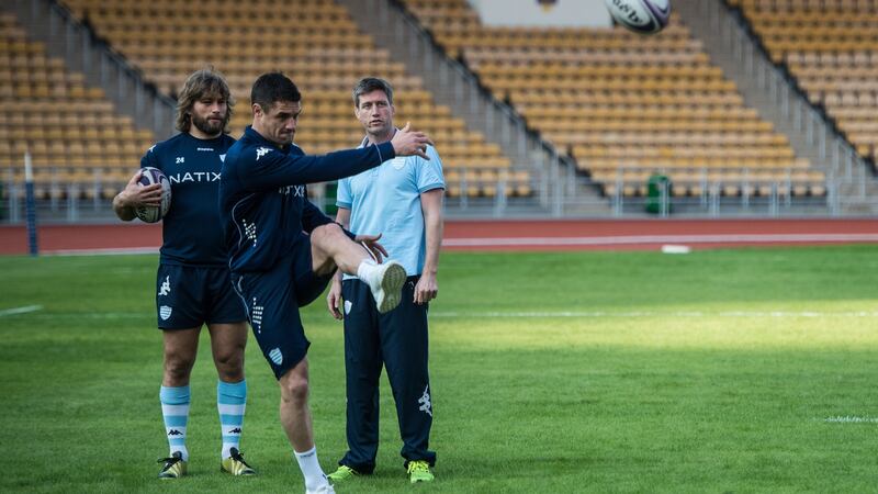 Racing 92 outhalf Dan Carte with Dimitri Szarewski and Ronan O’Gara: “He gives us presence, leadership and control, but you wouldn’t like to think it’s all based on one pair of shoulders.” Photograph: Anthony Wallace/AFP/Getty Images