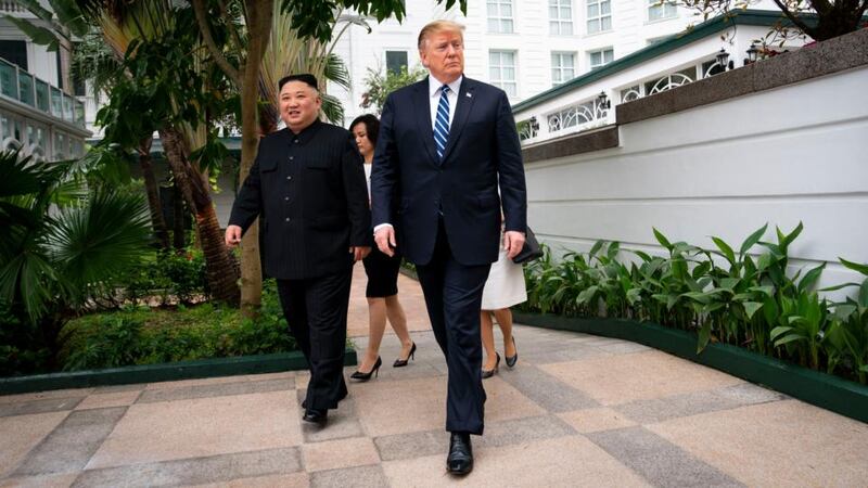 Trump and Kim walk together to a meeting in Hanoi, Vietnam on February 28th. Photograph:  Doug Mills/The New York Times