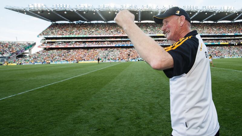 Kilkenny manager Brian Cody celebrates at the final whistle. Photograph:  Tommy Dickson/Inpho