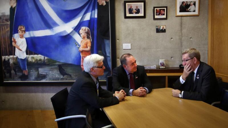 Unite Scottish secretary Pat Rafferty, First Minister Alex Salmond and Unite general secretary Len McCuskey photographed during talks at the Scottish Parliament, Edinburgh on the  situation at the Ineos Grangemouth site.  Photograph: David Cheskin/PA Wire