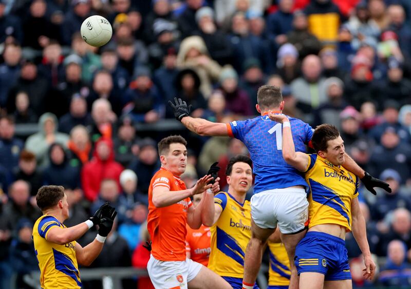 Armagh’s goalkeeper Ethan Rafferty and Dylan Ruane of Roscommon. Photograph: James Crombie/Inpho