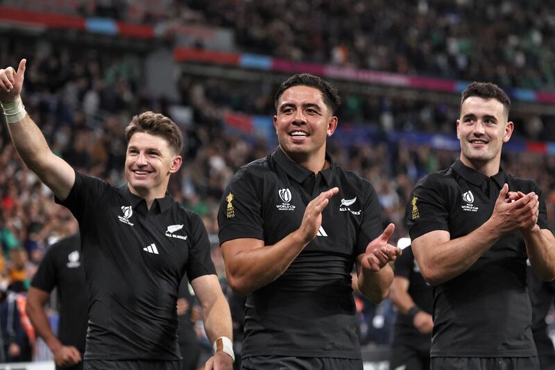 New Zealand players after winning the Rugby World Cup quarter-final match against Ireland at the Stade de France on Saturday. Photograph: Anne-Christine Poujoulat/AFP 