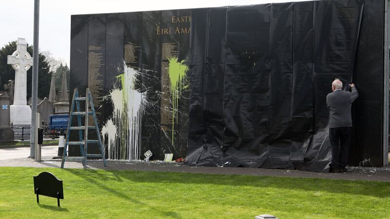 The 1916 Memorial Wall, in Glasnevin Cemetery after it was vandalised. Photograph: Conor Ó Mearáin
