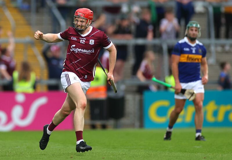 Galway’s Tom Monaghan celebrates scoring a late point. Photograph: James Crombie/Inpho
