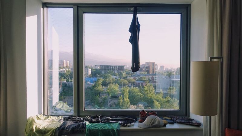 Drying clothes in a hotel room  in Almaty, Kazakhstan. Photograph: Simplycycling.org via The New York Times