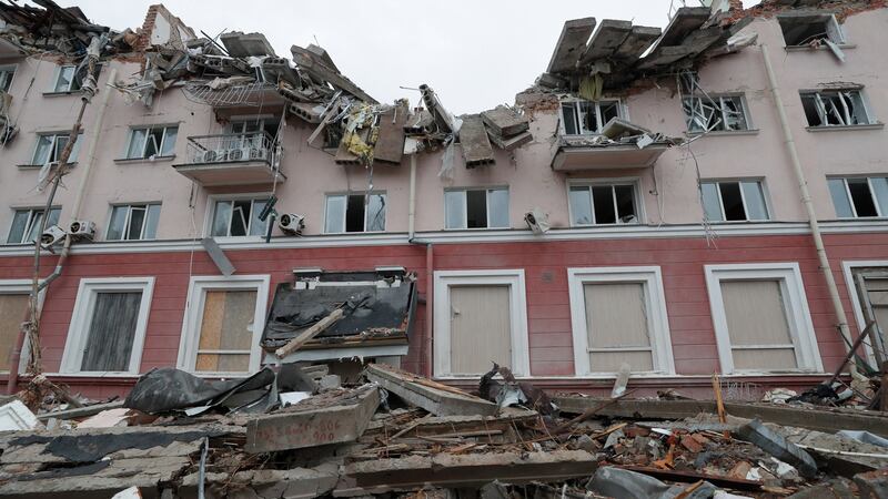 A hotel in Chernihiv damanged by shelling. Photograph: Sergey Dolzhenko/EPA