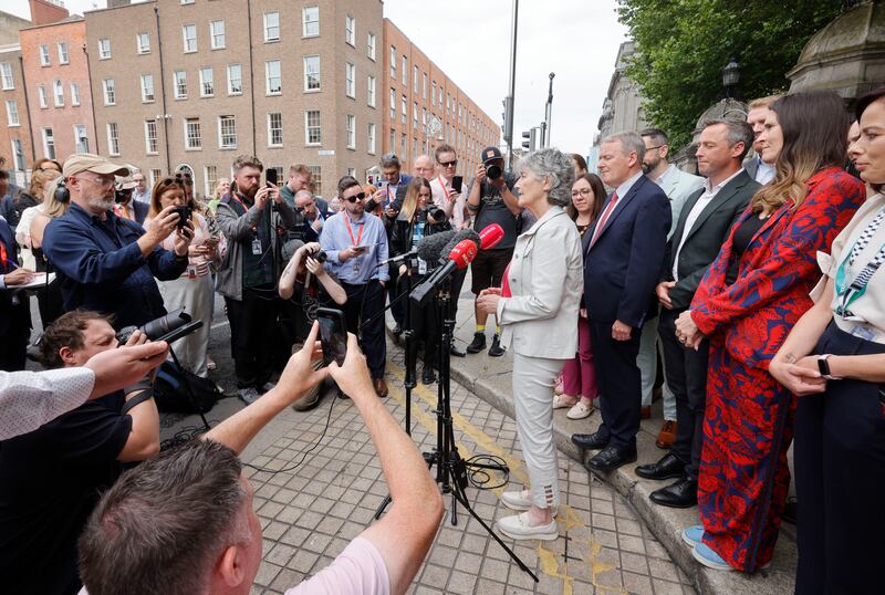 Catherine Connolly launching her presidential bid outside the Dail. Photograph: Alan Betson/ The Irish Times

