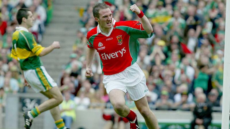 Mayo’s Alan Dillon celebrates scoring the first goal of the 2004 All-Ireland final against Kerry at Croke Park. Photograph: Morgan Treacy/Inpho