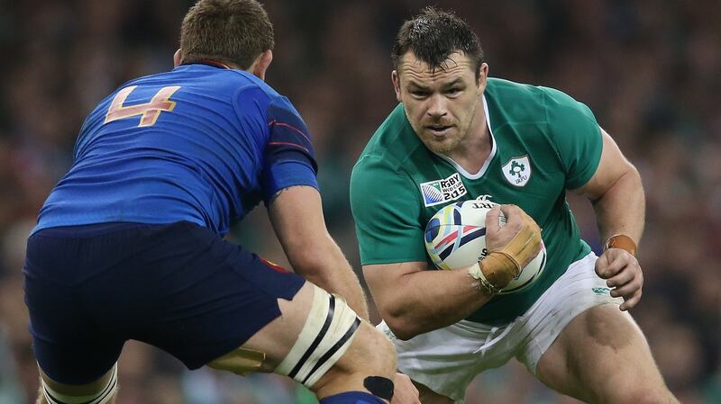Cian Healy in typical pose takes on France during the World Cup clash at the  Millennium Stadium, Cardiff. Photograph: Billy SticklandI/Inpho