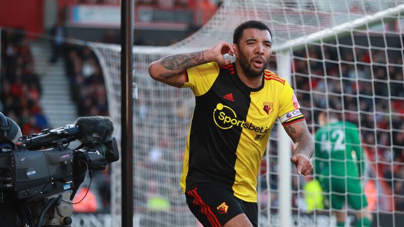 Watford’s Troy Deeney celebrates scoring his side’s second goal against Bournemouth during the Premier League match at the Vitality Stadium, Bournemouth. Photograph:  Adam Davy/PA Wire