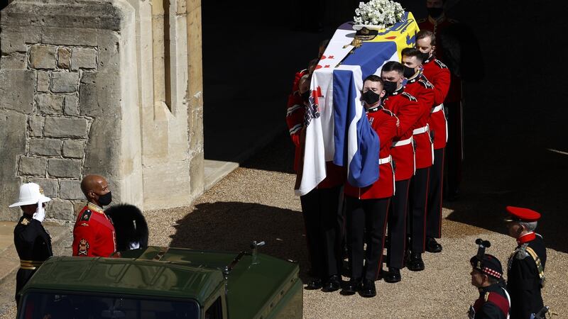 The Grenadier Guards carry the coffin of Prince Philip, Duke of Edinburgh. Photograph:  Adrian Dennis/WPA Pool/Getty