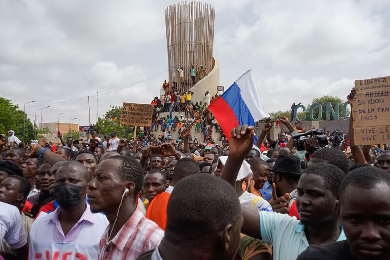 Protesters chant slogans during a rally in Niamey on Thursday. Photograph: Issifou Djibo/EPA