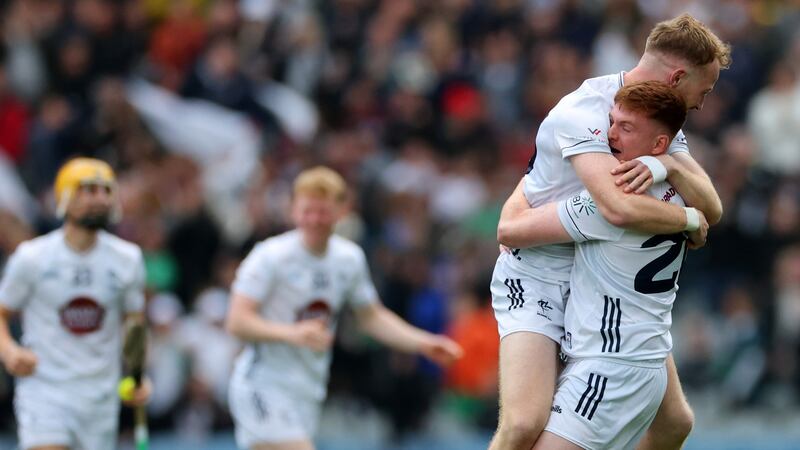 Kildare's Cian Boran and Jack Higgins celebrate after winning the Joe McDonagh Cup final. Photograph: James Crombie/Inpho