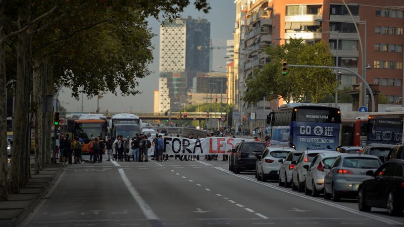 Picketers block Gran Via street during a general strike called by pro-independence parties and unions in Barcelona, Spain, October 3rd, 2017. Photograph: Vincent West/Reuters