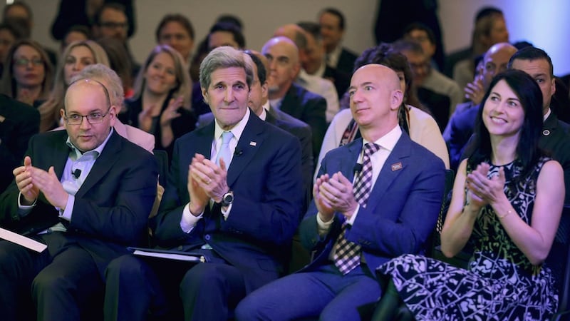 Washington Post reporter and former Tehran bureau chief Jason Rezaian, US Secretary of State John Kerry, Amazon founder and Washington Post owner Jeff Bezos and MacKenzie Scott at the opening ceremony of the newspaper’s new location in 2016. Photograph: Somodevilla/Getty Images