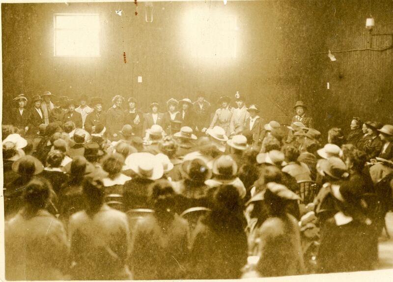 Cumann na mBan convention, October 1920. Originally a female adjunct to the pre-1916 Irish Volunteers (the forerunners of the IRA), Cumann na mBan was the principal vehicle for the involvement of women in the independence movement. This was held in rooms behind the Carmelite church on Whitefriar St; those attending entered via the church itself under the guise of a sodality to avoid suspicion (Military Archives, BMH CD 216/3).