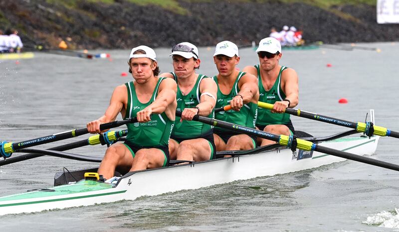 Ireland’s John Kearney, Ross Corrigan, Nathan Timoney and Jack Dorney on they way to qualifying for the A/B semi-final. Photograph: Detlev Seyb/Inpho