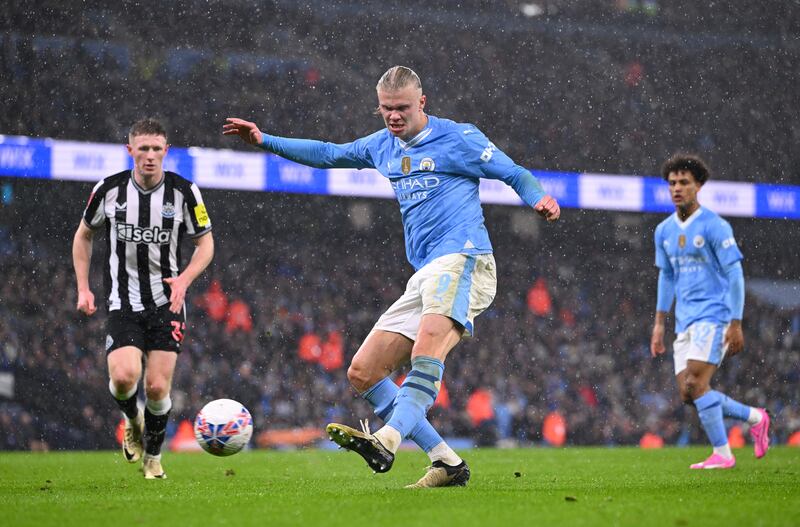 Manchester City's Erling Haaland shooting at goal during an FA Cup quarter-final match against Newcastle United at the Etihad Stadium on March 16th, 2024. Photograph: Stu Forster/Getty Images