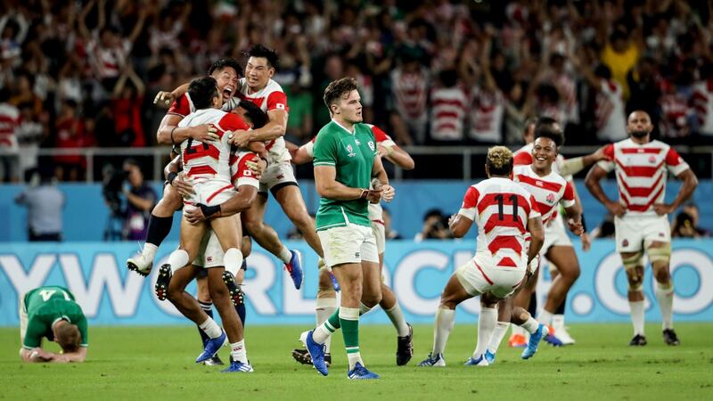 Japan celebrate victory over Ireland at the 2019 Rugby World Cup  at Shizuoka Stadium Ecopa. File photograph: Dan Sheridan/Inpho