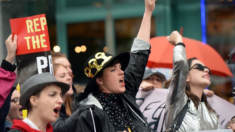 Pro-choice campaigners taking part in the 5th annual March for Choice, in Dublin Saturday. Photograph: Eric Luke / The Irish Times