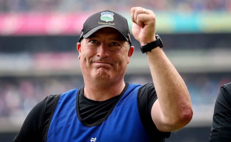 Victorious Tipperary manager Liam Cahill celebrates after Tipp beat Cork in the All–Ireland final. Photograph: Ryan Byrne/Inpho