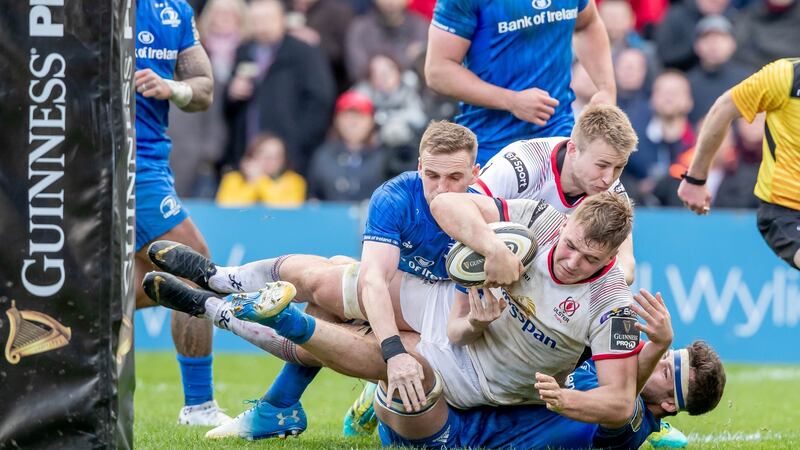 Ulster’s Marcus Rea scores a try during the   Guinness Pro 14 game against Leinster at the Kingspan Stadium on Saturday. Photograph: Morgan Treacy/Inpho