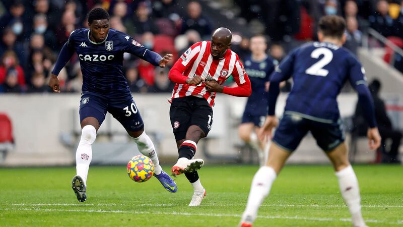 Brentford’s Yoane Wissa opens the scoring against Aston Villa. Photograph:  Steven Paston/PA