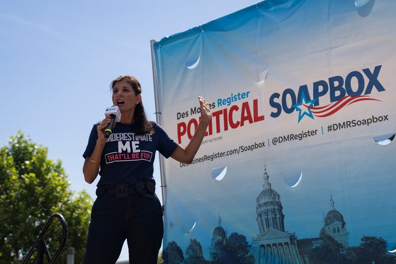 Republican presidential candidate Nikki Haley speaking at the Iowa State Fair in Des Moines last Saturday. Photograph: Haiyun Jiang/New York Times
                      