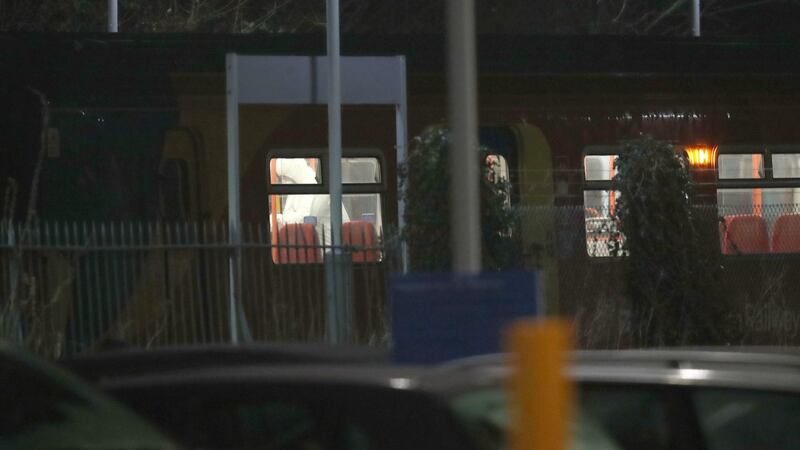 A police officer aboard the train where the stabbing took place at Horsley station Photograph: Steve Parsons/PA Wire