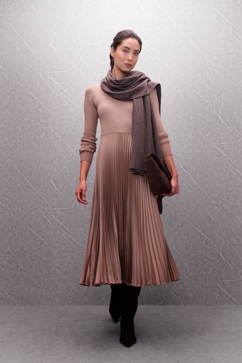 Rib knit and pleated dress, merino scarf and suede crossbody from Paul Costelloe's AW25 collection