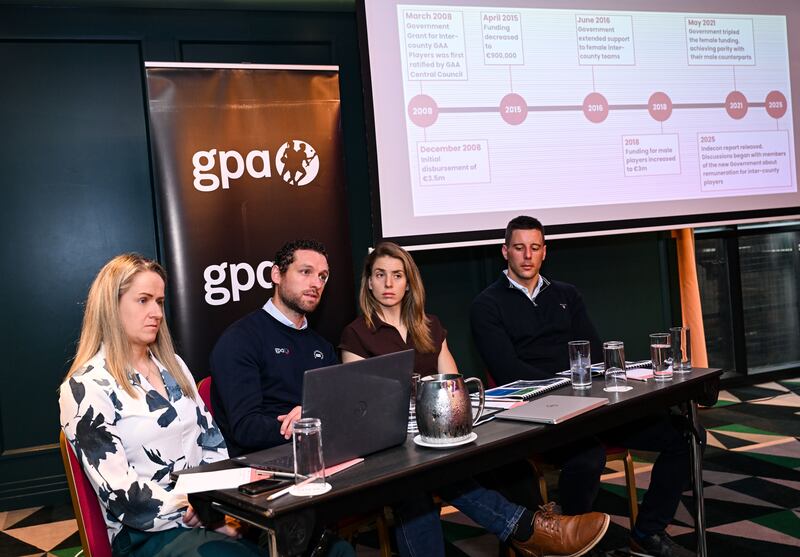 (From left) GPA head of equality and player relations Gemma Begley, GPA CEO Tom Parsons, GPA's national executive committee co-chair Aisling Maher and Limerick hurler Dan Morrissey at The Alex Hotel in Dublin to announce the GPA's pre-budget submission. Photograph: Stephen McCarthy/Sportsfile